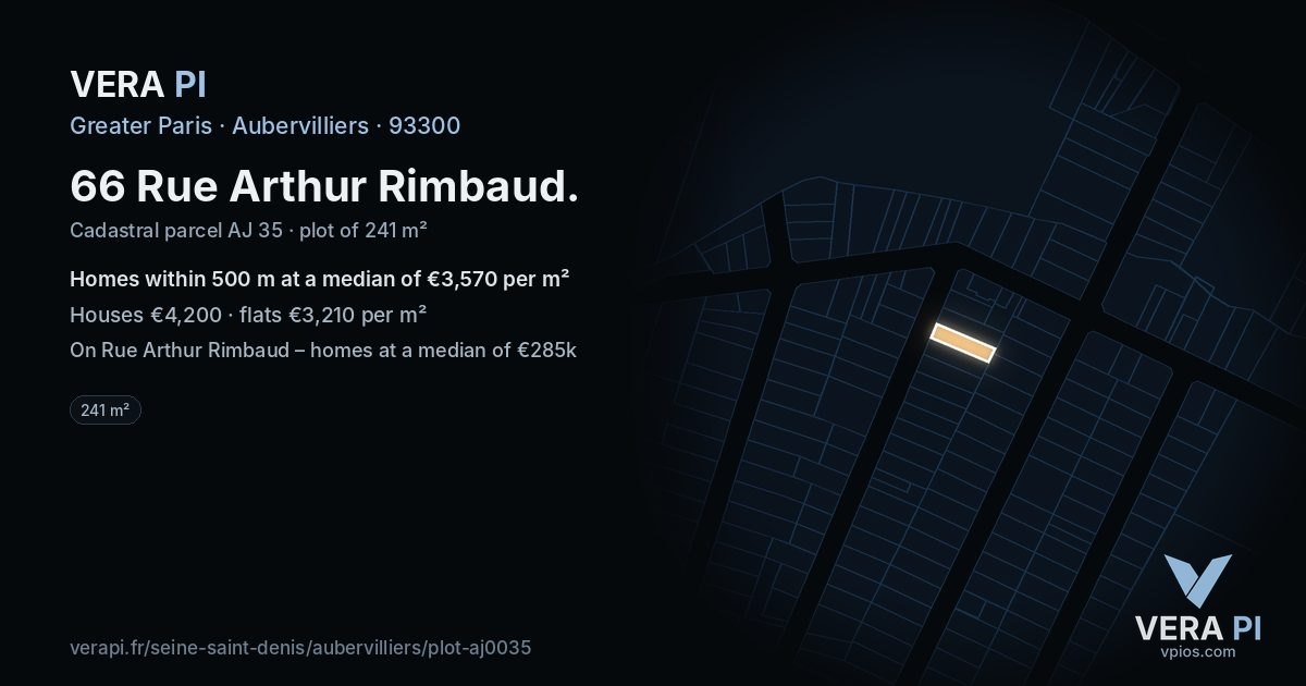 66 Rue Arthur Rimbaud, Aubervilliers at night – the plot lit, the parcels around coloured by the prices near them