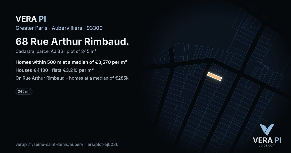 68 Rue Arthur Rimbaud, Aubervilliers at night – the plot lit, the parcels around coloured by the prices near them