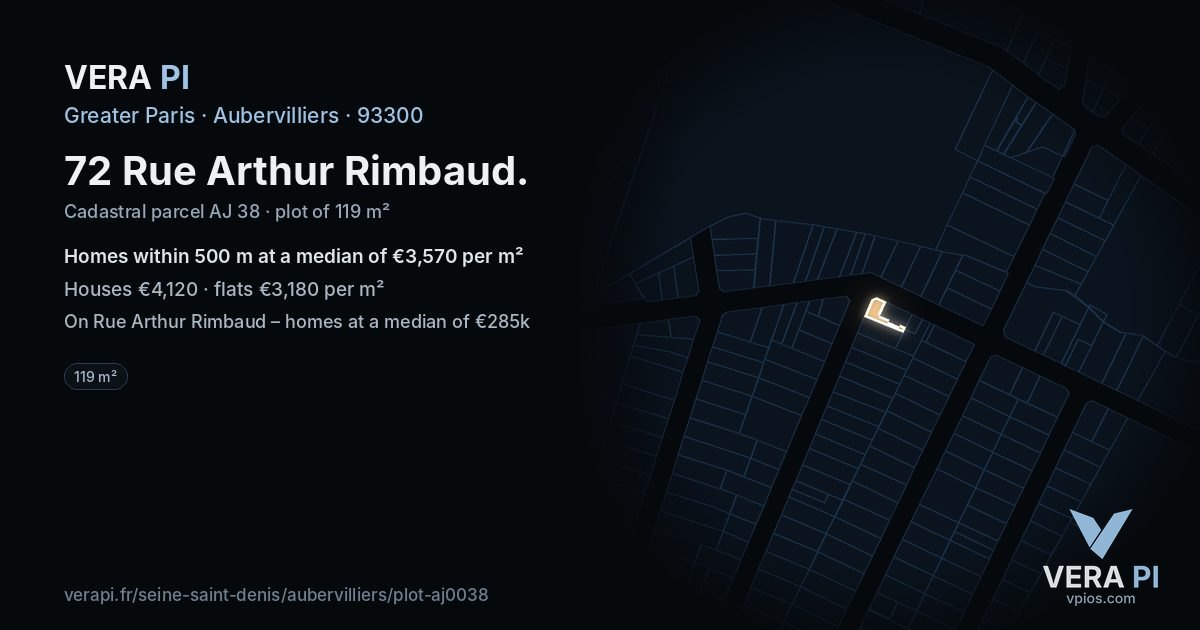 72 Rue Arthur Rimbaud, Aubervilliers at night – the plot lit, the parcels around coloured by the prices near them