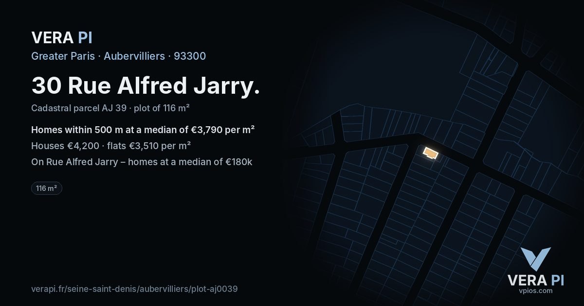 30 Rue Alfred Jarry, Aubervilliers at night – the plot lit, the parcels around coloured by the prices near them