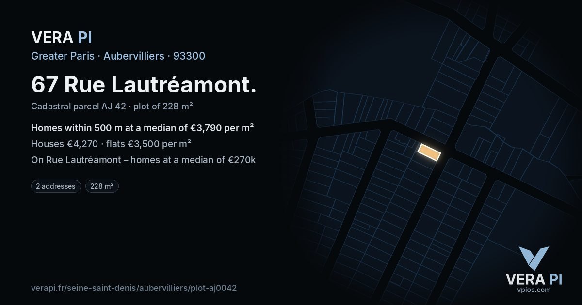 67 Rue Lautréamont, Aubervilliers at night – the plot lit, the parcels around coloured by the prices near them