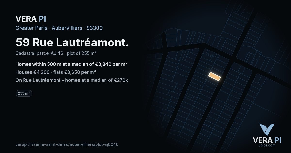 59 Rue Lautréamont, Aubervilliers at night – the plot lit, the parcels around coloured by the prices near them