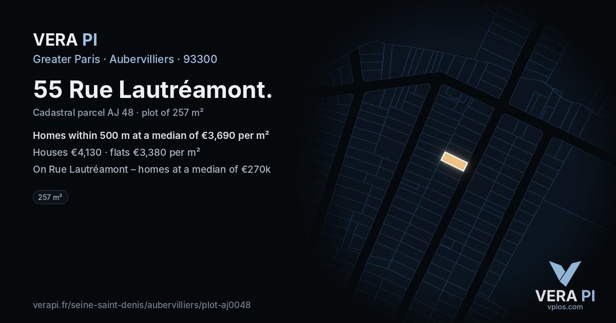 55 Rue Lautréamont, Aubervilliers at night – the plot lit, the parcels around coloured by the prices near them