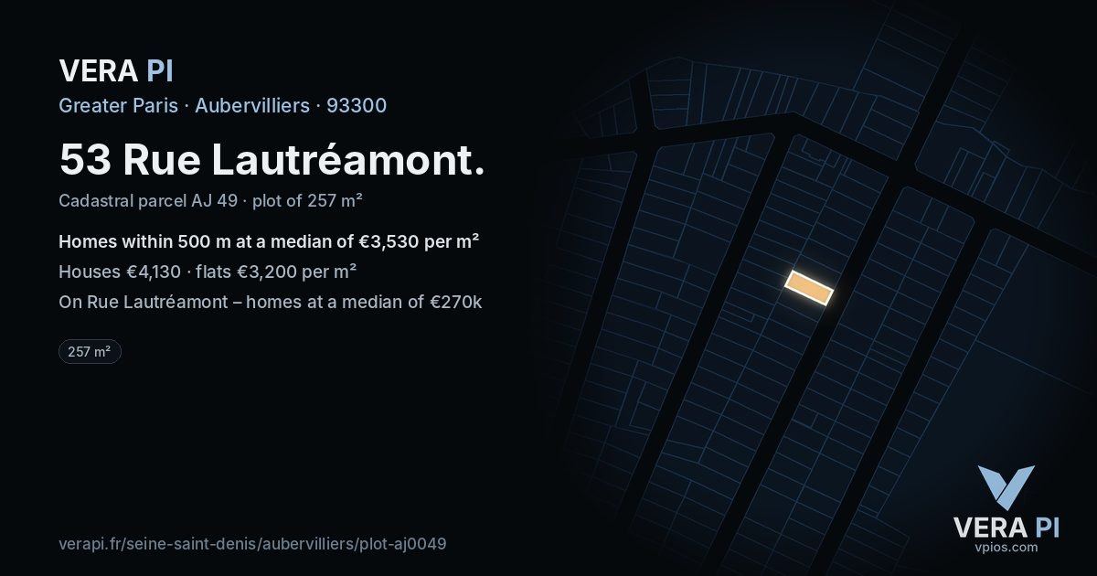 53 Rue Lautréamont, Aubervilliers at night – the plot lit, the parcels around coloured by the prices near them