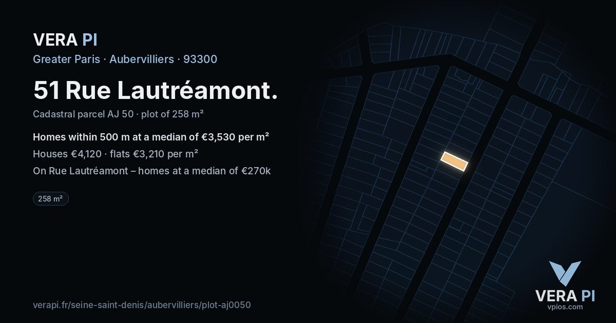 51 Rue Lautréamont, Aubervilliers at night – the plot lit, the parcels around coloured by the prices near them