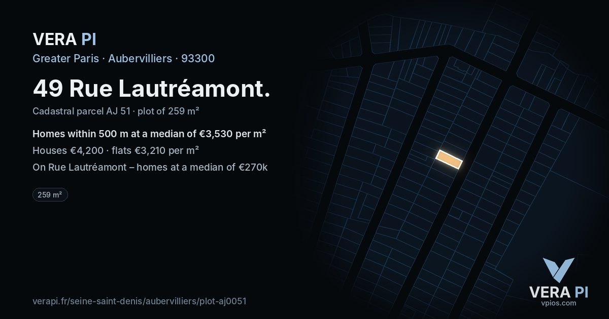 49 Rue Lautréamont, Aubervilliers at night – the plot lit, the parcels around coloured by the prices near them