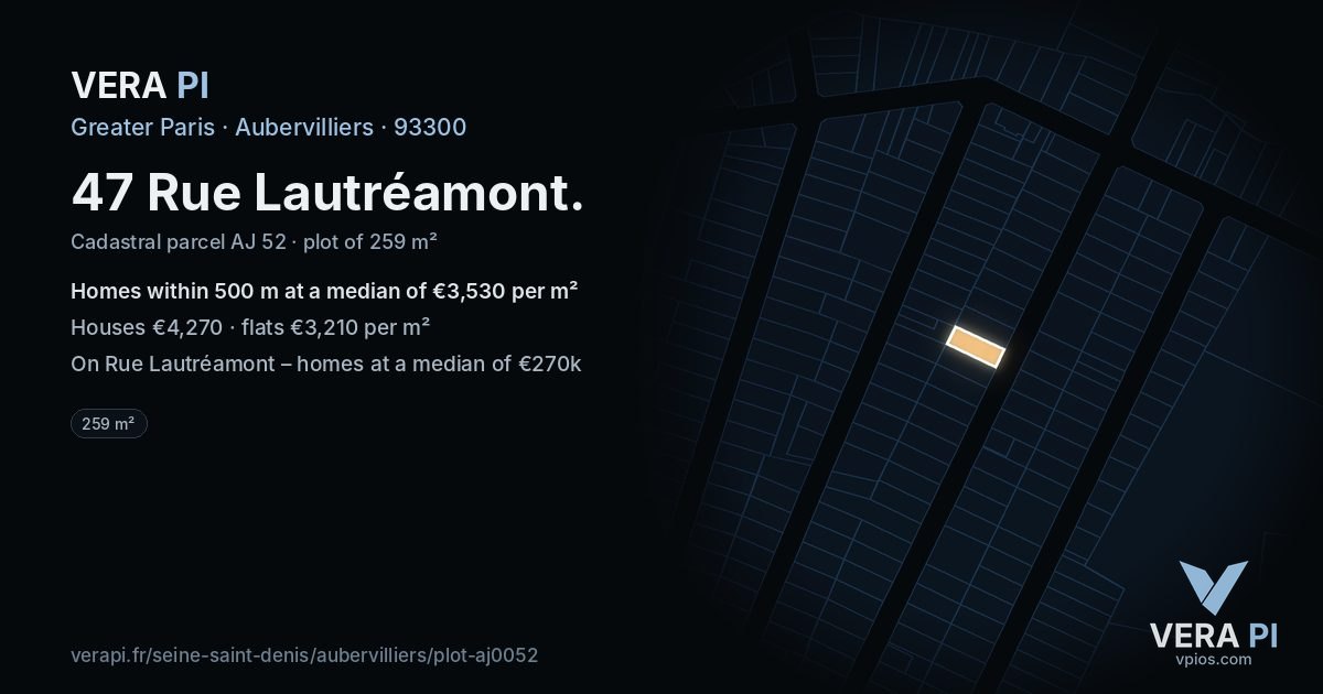 47 Rue Lautréamont, Aubervilliers at night – the plot lit, the parcels around coloured by the prices near them