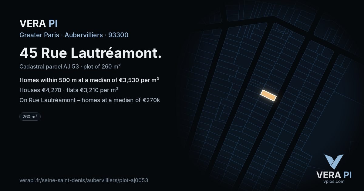 45 Rue Lautréamont, Aubervilliers at night – the plot lit, the parcels around coloured by the prices near them
