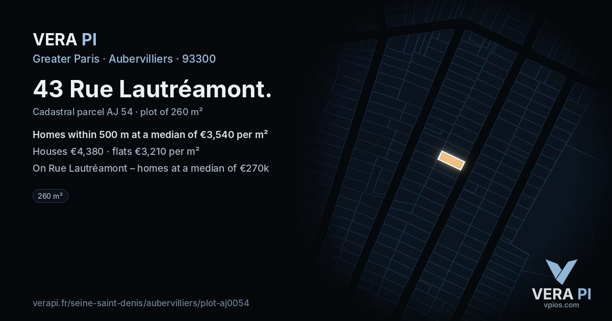 43 Rue Lautréamont, Aubervilliers at night – the plot lit, the parcels around coloured by the prices near them