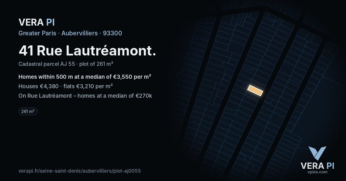 41 Rue Lautréamont, Aubervilliers at night – the plot lit, the parcels around coloured by the prices near them