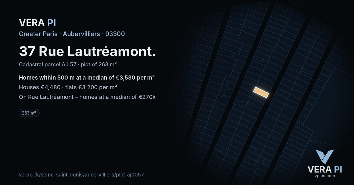 37 Rue Lautréamont, Aubervilliers at night – the plot lit, the parcels around coloured by the prices near them
