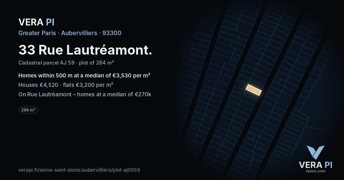33 Rue Lautréamont, Aubervilliers at night – the plot lit, the parcels around coloured by the prices near them