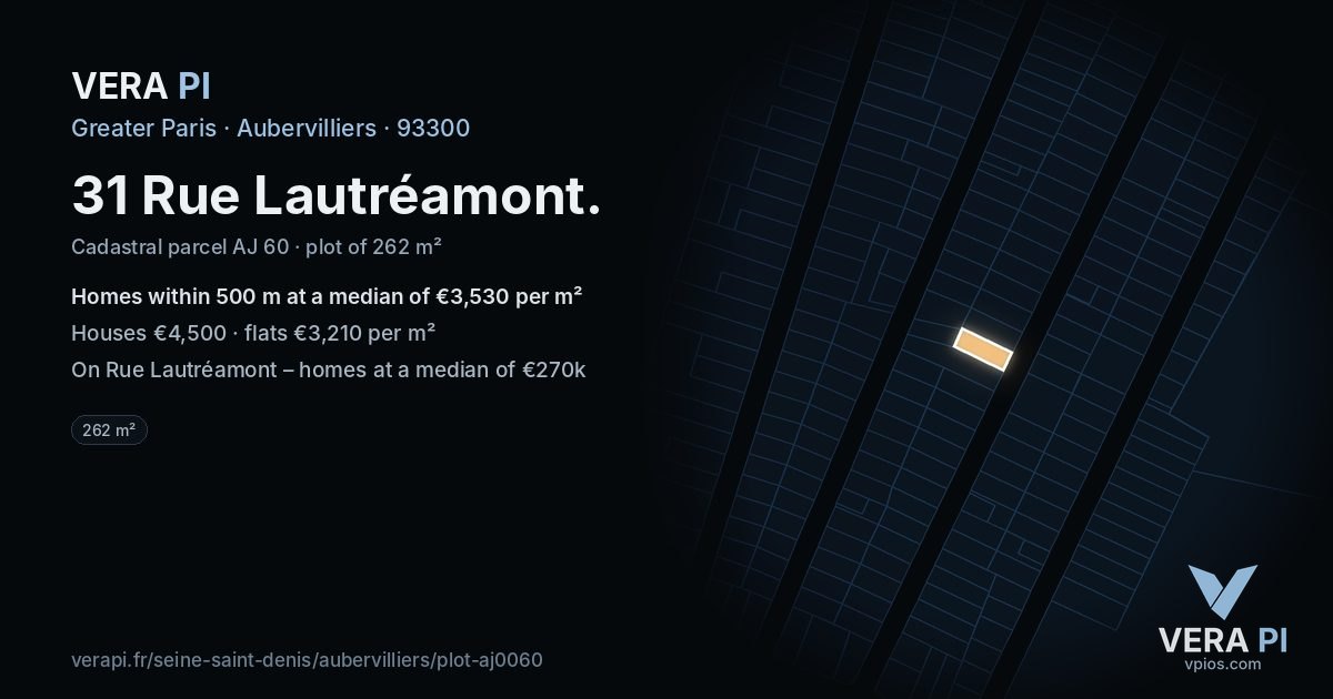 31 Rue Lautréamont, Aubervilliers at night – the plot lit, the parcels around coloured by the prices near them