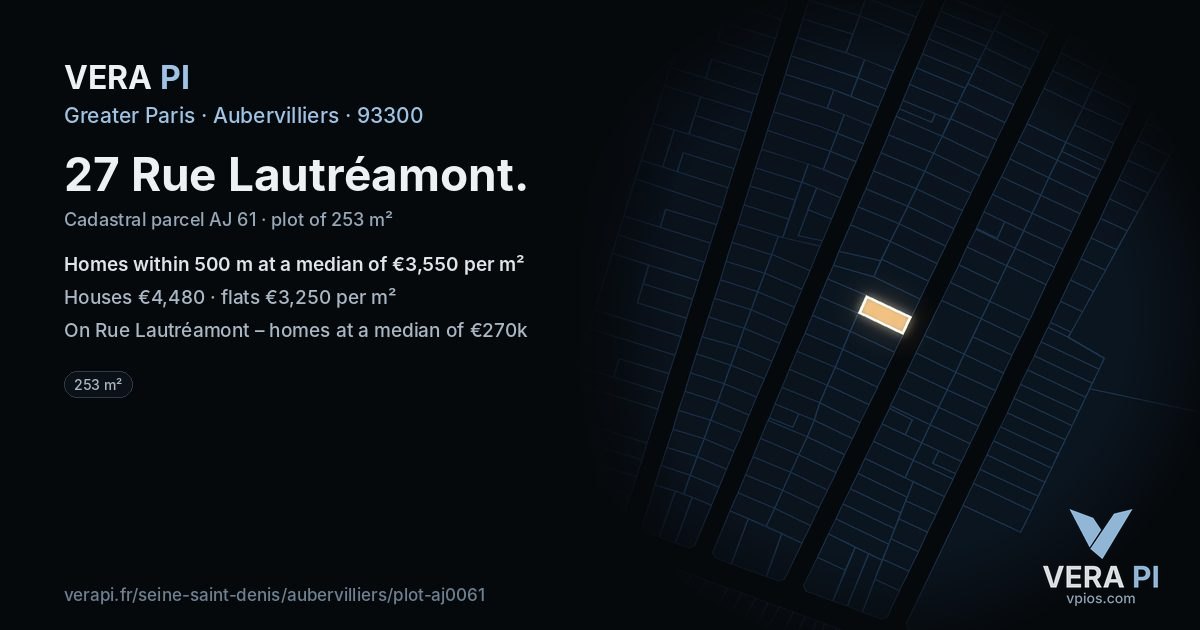 27 Rue Lautréamont, Aubervilliers at night – the plot lit, the parcels around coloured by the prices near them