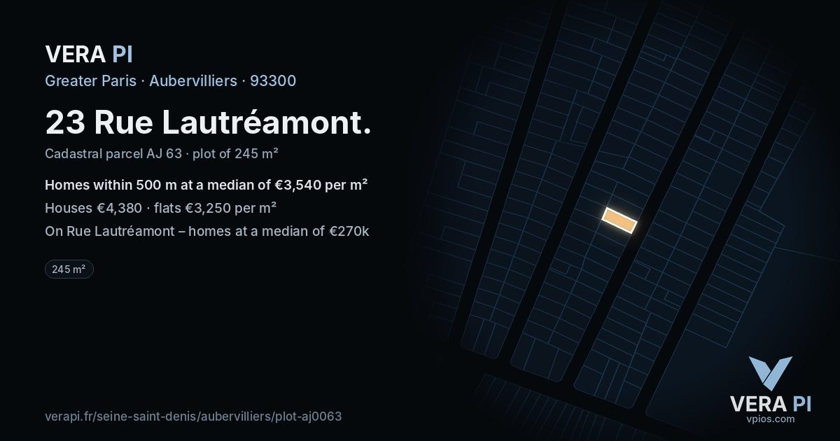 23 Rue Lautréamont, Aubervilliers at night – the plot lit, the parcels around coloured by the prices near them