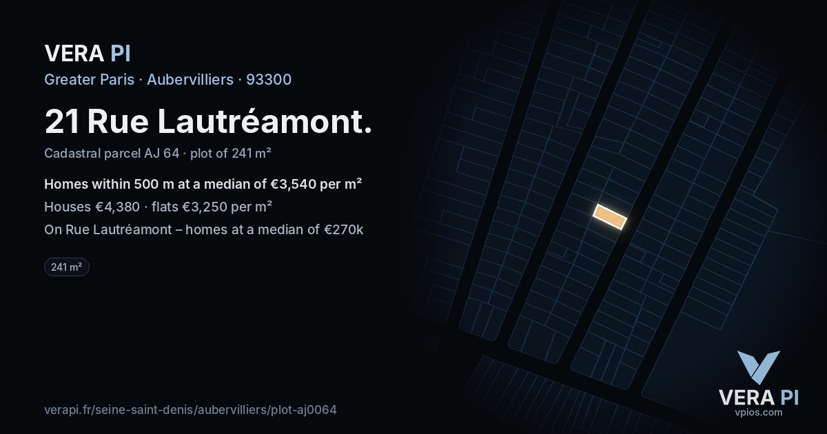 21 Rue Lautréamont, Aubervilliers at night – the plot lit, the parcels around coloured by the prices near them