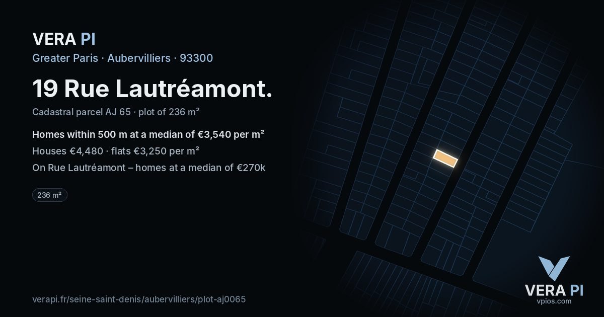 19 Rue Lautréamont, Aubervilliers at night – the plot lit, the parcels around coloured by the prices near them