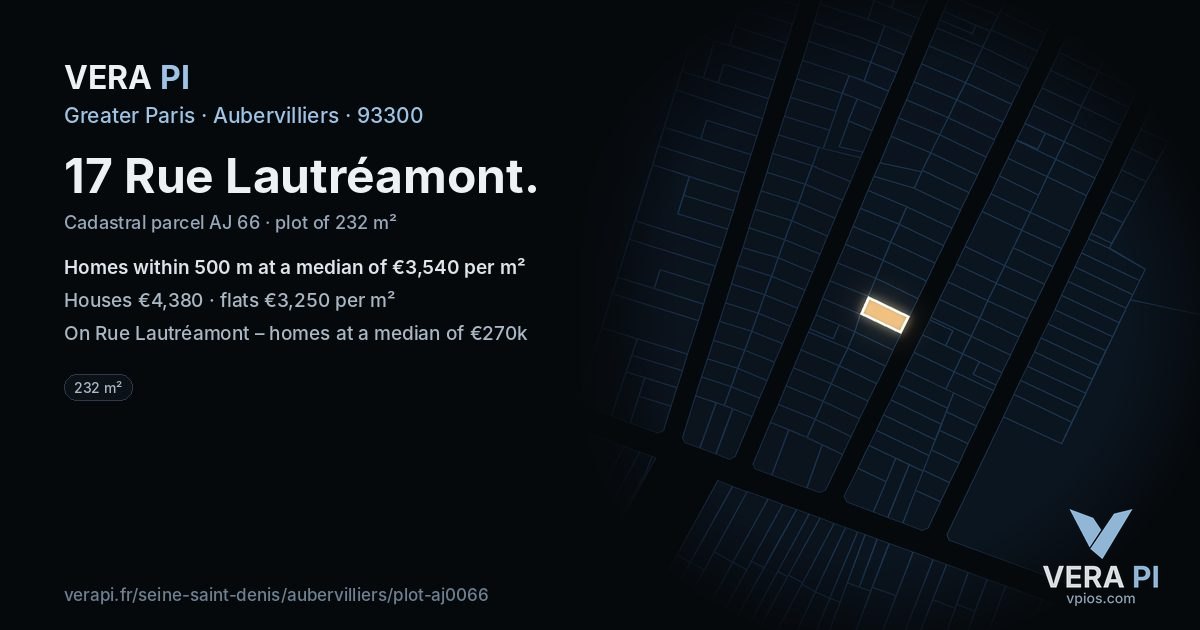 17 Rue Lautréamont, Aubervilliers at night – the plot lit, the parcels around coloured by the prices near them
