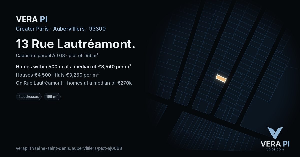 13 Rue Lautréamont, Aubervilliers at night – the plot lit, the parcels around coloured by the prices near them