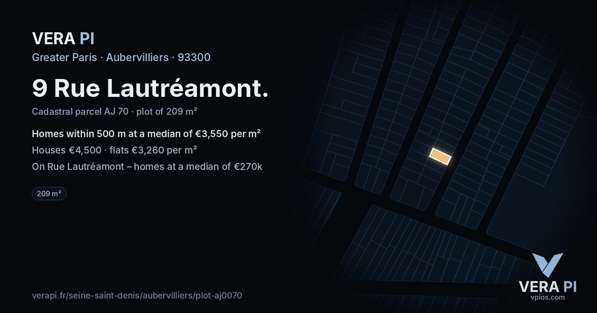 9 Rue Lautréamont, Aubervilliers at night – the plot lit, the parcels around coloured by the prices near them