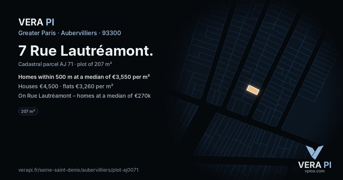 7 Rue Lautréamont, Aubervilliers at night – the plot lit, the parcels around coloured by the prices near them