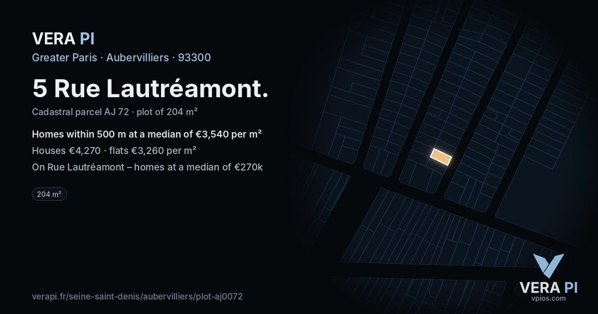 5 Rue Lautréamont, Aubervilliers at night – the plot lit, the parcels around coloured by the prices near them
