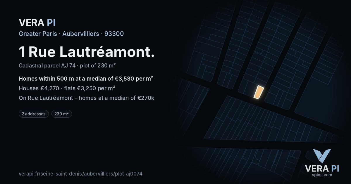1 Rue Lautréamont, Aubervilliers at night – the plot lit, the parcels around coloured by the prices near them