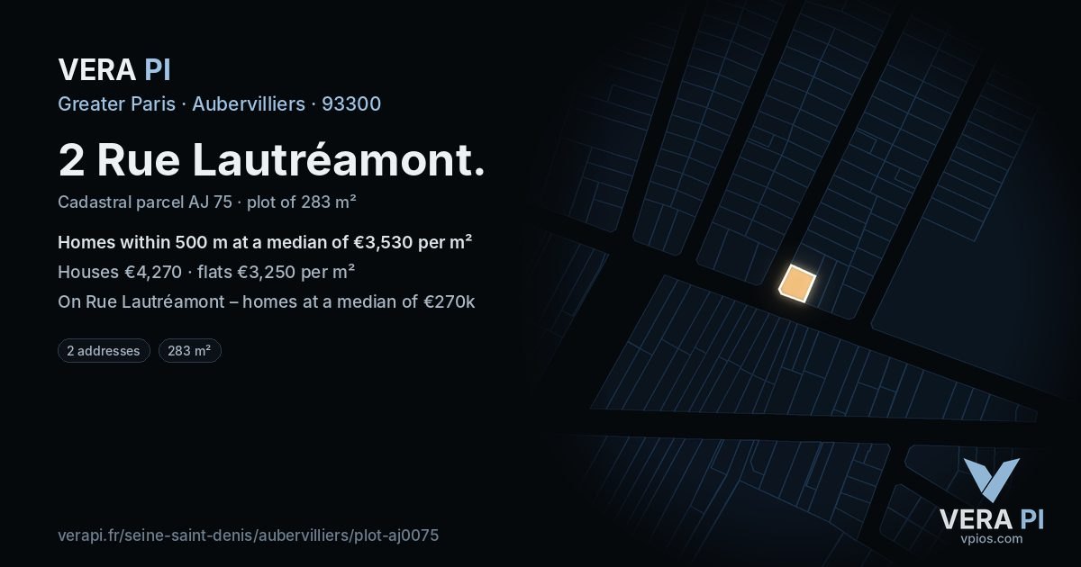 2 Rue Lautréamont, Aubervilliers at night – the plot lit, the parcels around coloured by the prices near them