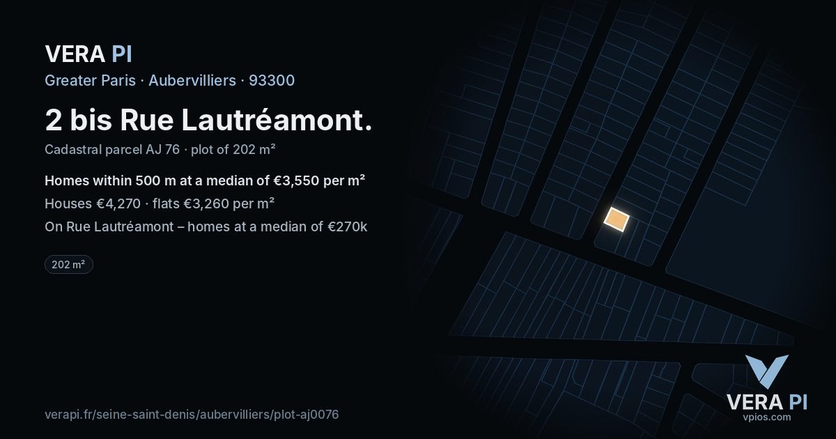 2 bis Rue Lautréamont, Aubervilliers at night – the plot lit, the parcels around coloured by the prices near them