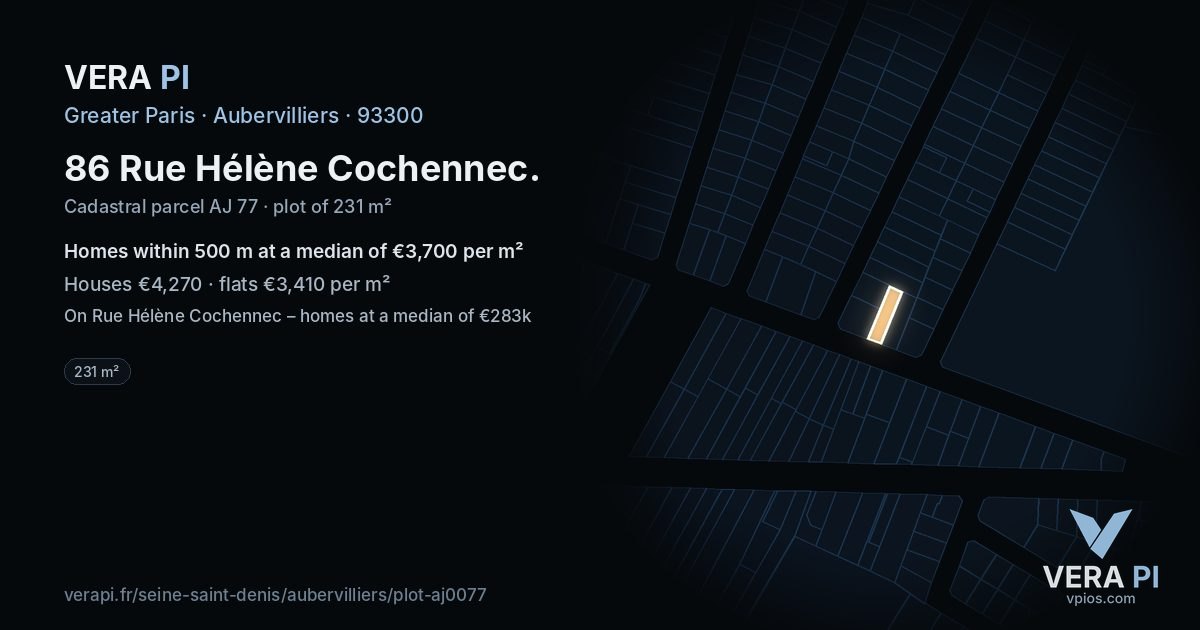 86 Rue Hélène Cochennec, Aubervilliers at night – the plot lit, the parcels around coloured by the prices near them
