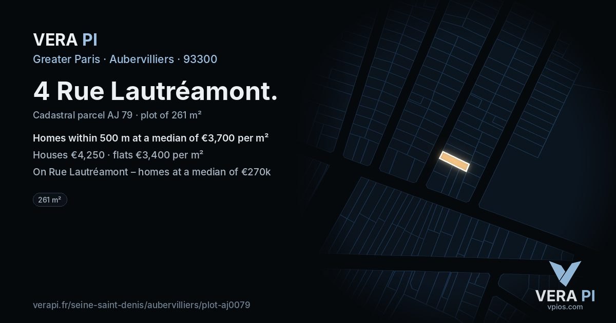 4 Rue Lautréamont, Aubervilliers at night – the plot lit, the parcels around coloured by the prices near them
