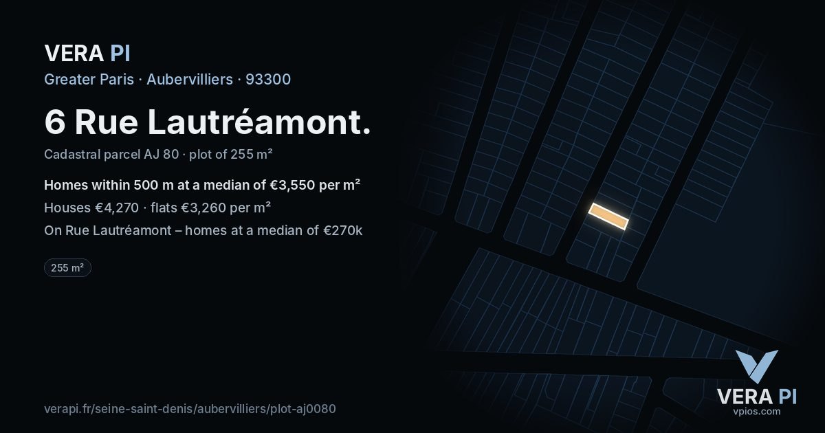 6 Rue Lautréamont, Aubervilliers at night – the plot lit, the parcels around coloured by the prices near them