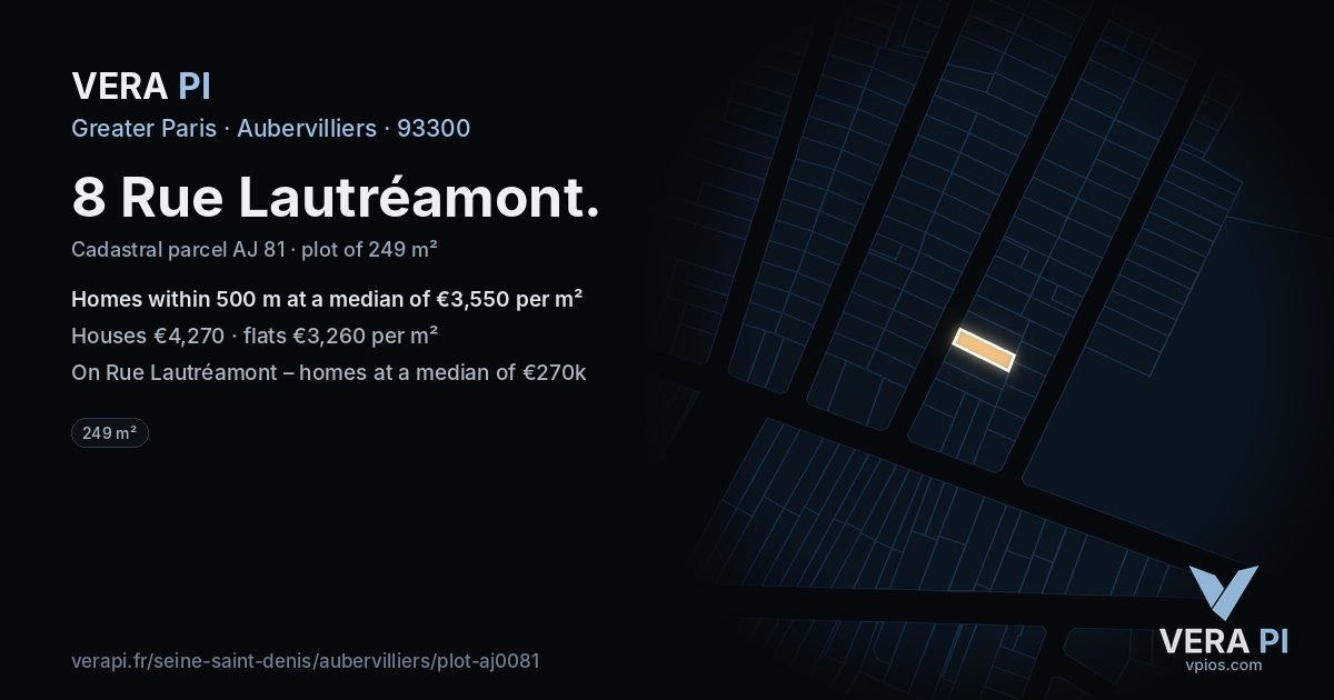 8 Rue Lautréamont, Aubervilliers at night – the plot lit, the parcels around coloured by the prices near them