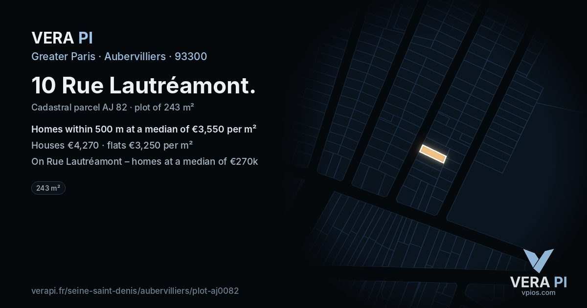 10 Rue Lautréamont, Aubervilliers at night – the plot lit, the parcels around coloured by the prices near them