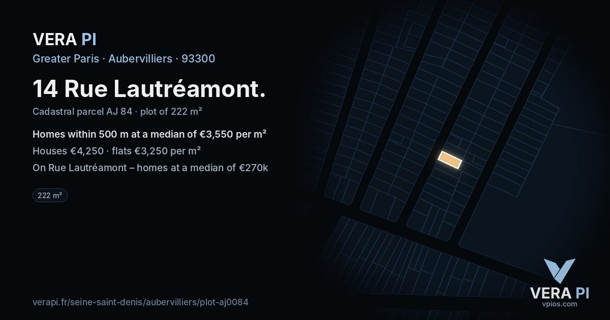 14 Rue Lautréamont, Aubervilliers at night – the plot lit, the parcels around coloured by the prices near them