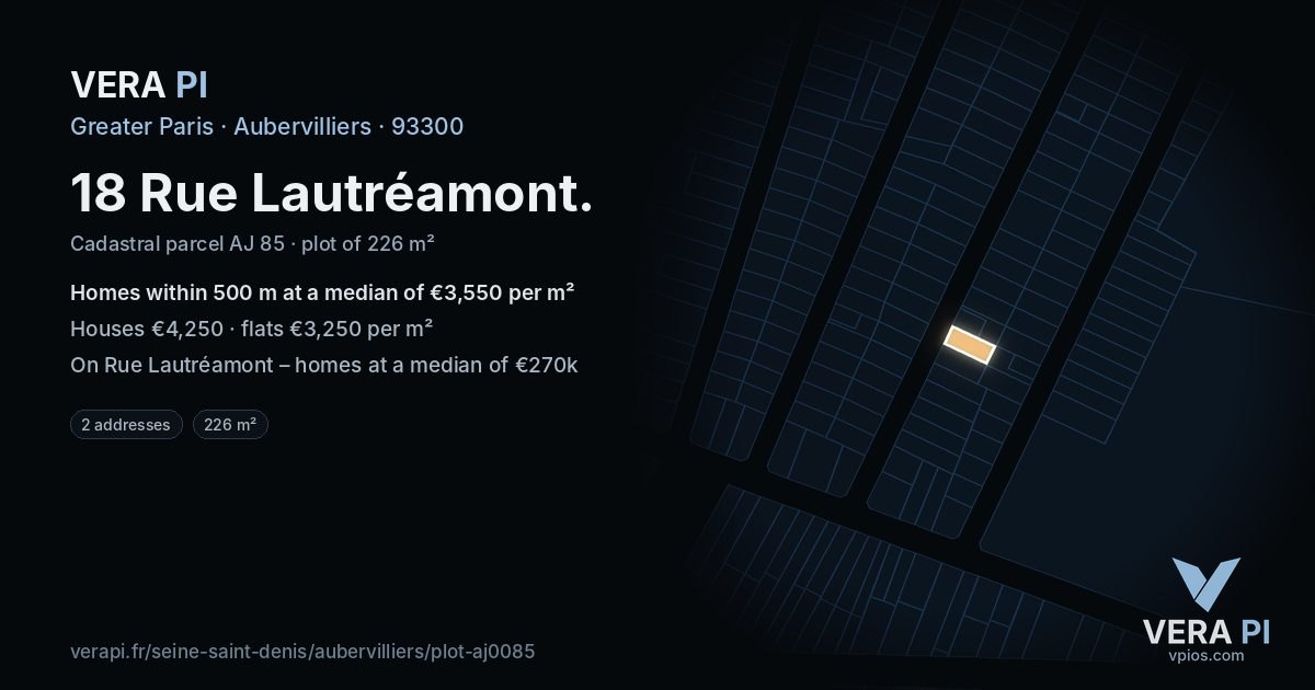 18 Rue Lautréamont, Aubervilliers at night – the plot lit, the parcels around coloured by the prices near them