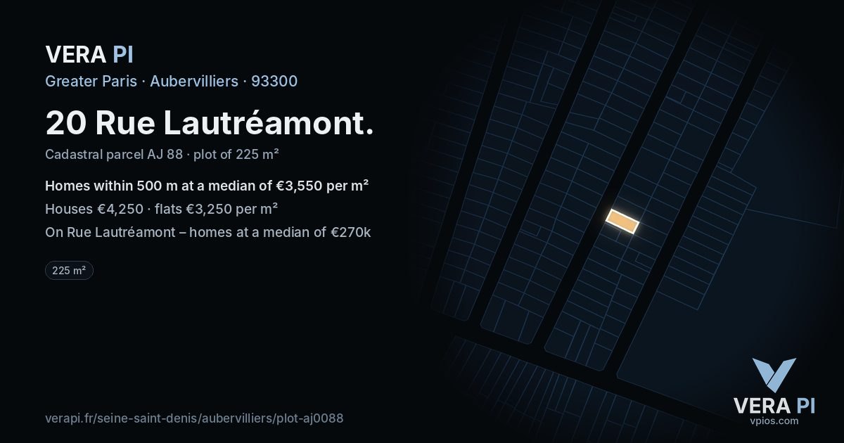 20 Rue Lautréamont, Aubervilliers at night – the plot lit, the parcels around coloured by the prices near them