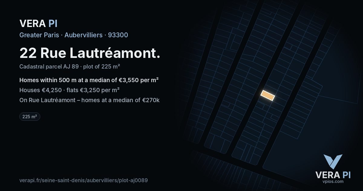 22 Rue Lautréamont, Aubervilliers at night – the plot lit, the parcels around coloured by the prices near them