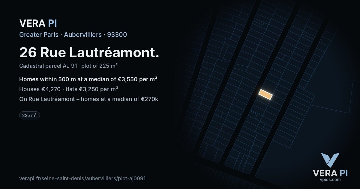 26 Rue Lautréamont, Aubervilliers at night – the plot lit, the parcels around coloured by the prices near them