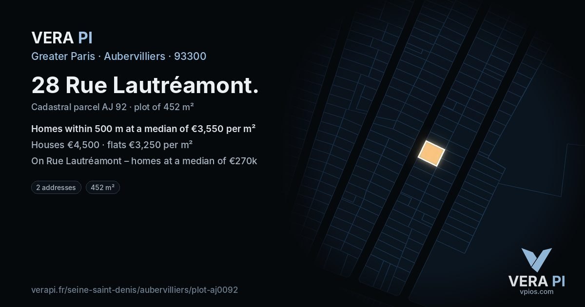 28 Rue Lautréamont, Aubervilliers at night – the plot lit, the parcels around coloured by the prices near them