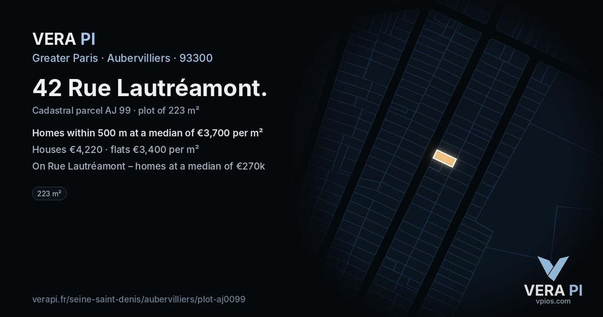 42 Rue Lautréamont, Aubervilliers at night – the plot lit, the parcels around coloured by the prices near them