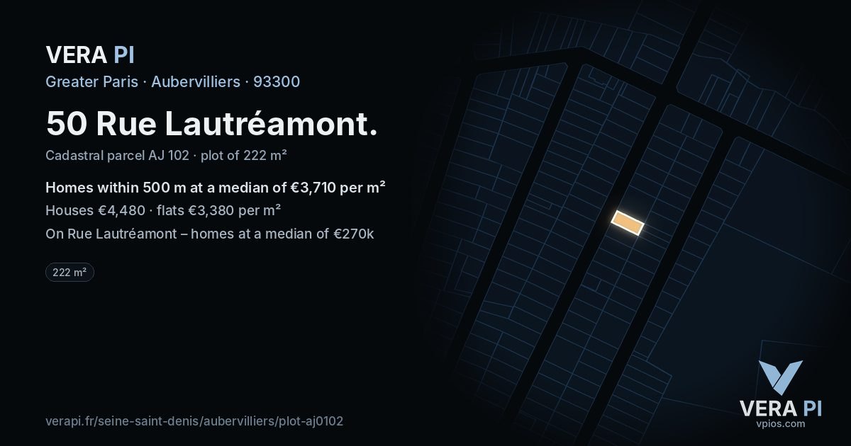 50 Rue Lautréamont, Aubervilliers at night – the plot lit, the parcels around coloured by the prices near them