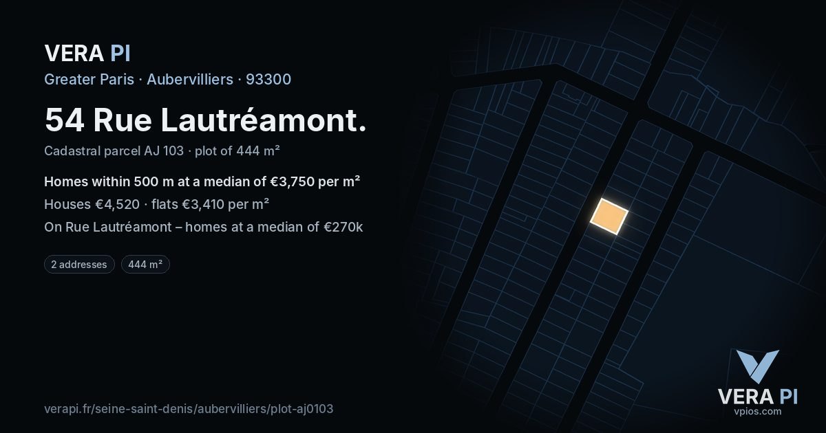 54 Rue Lautréamont, Aubervilliers at night – the plot lit, the parcels around coloured by the prices near them