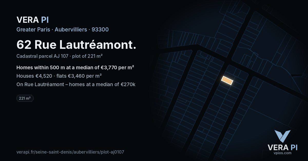 62 Rue Lautréamont, Aubervilliers at night – the plot lit, the parcels around coloured by the prices near them