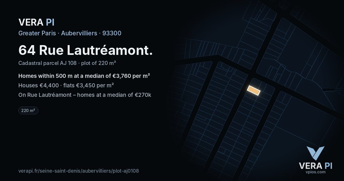64 Rue Lautréamont, Aubervilliers at night – the plot lit, the parcels around coloured by the prices near them
