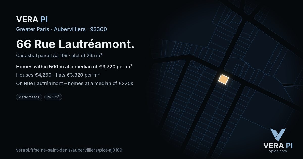 66 Rue Lautréamont, Aubervilliers at night – the plot lit, the parcels around coloured by the prices near them