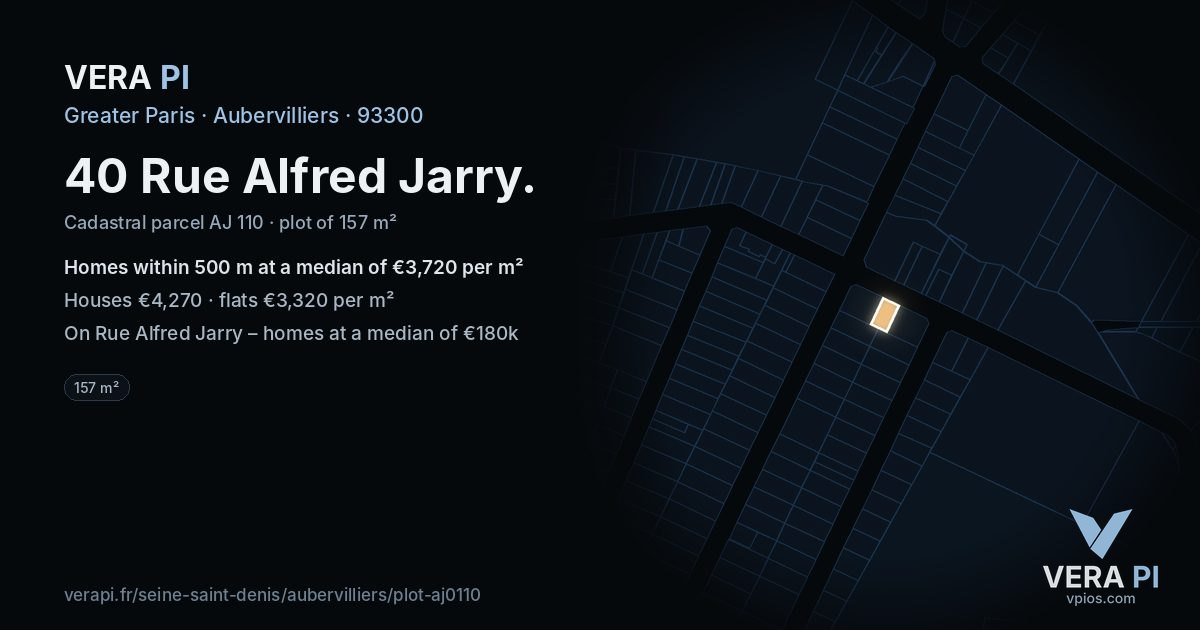 40 Rue Alfred Jarry, Aubervilliers at night – the plot lit, the parcels around coloured by the prices near them