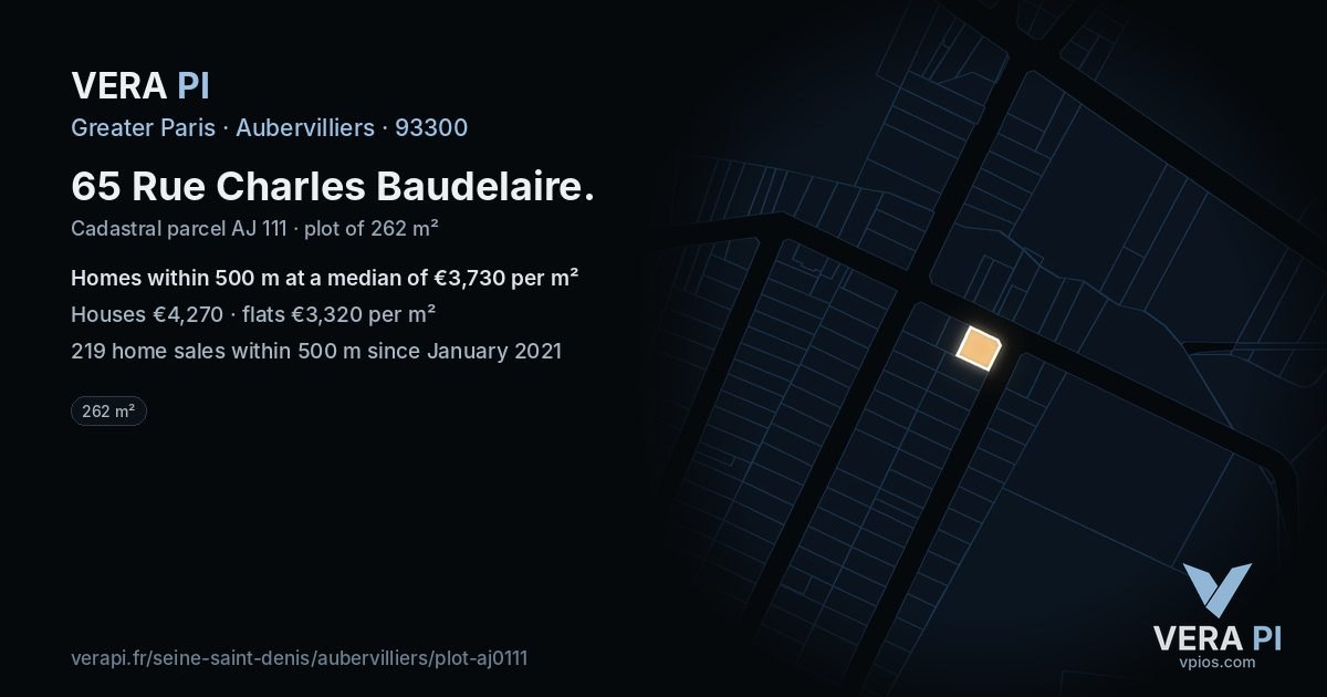 65 Rue Charles Baudelaire, Aubervilliers at night – the plot lit, the parcels around coloured by the prices near them