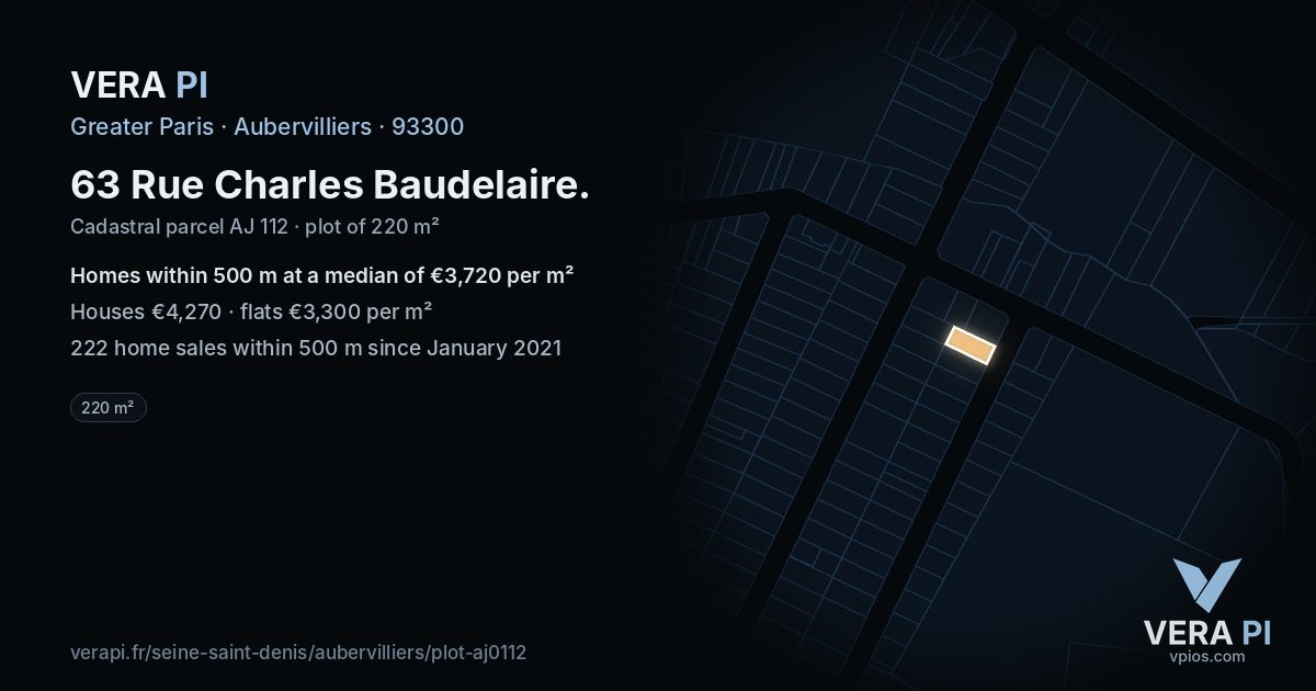 63 Rue Charles Baudelaire, Aubervilliers at night – the plot lit, the parcels around coloured by the prices near them