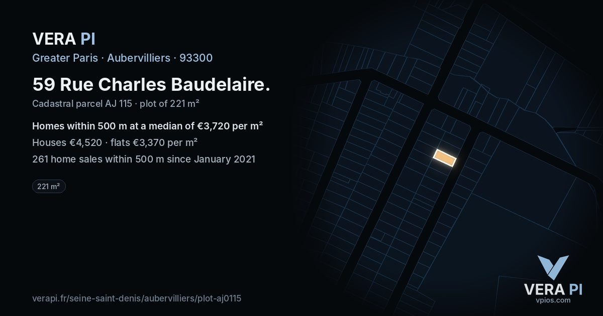 59 Rue Charles Baudelaire, Aubervilliers at night – the plot lit, the parcels around coloured by the prices near them
